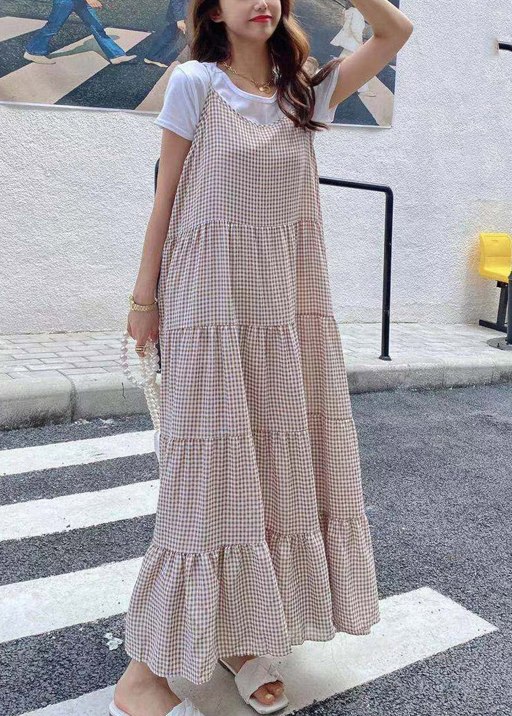 Elegant Khaki Slash Neck Plaid T Shirts And Long Dress Two Pieces Set Summer