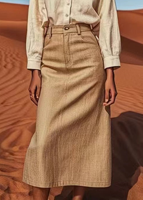 Elegant Khaki Solid High Waist Linen A Line Skirts Summer