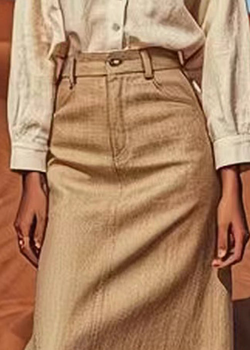 Elegant Khaki Solid High Waist Linen A Line Skirts Summer