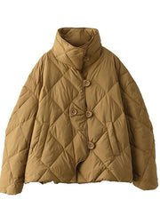 Elegant Khaki Stand Collar Oversized Button Duck Down Puffer Jacket Winter