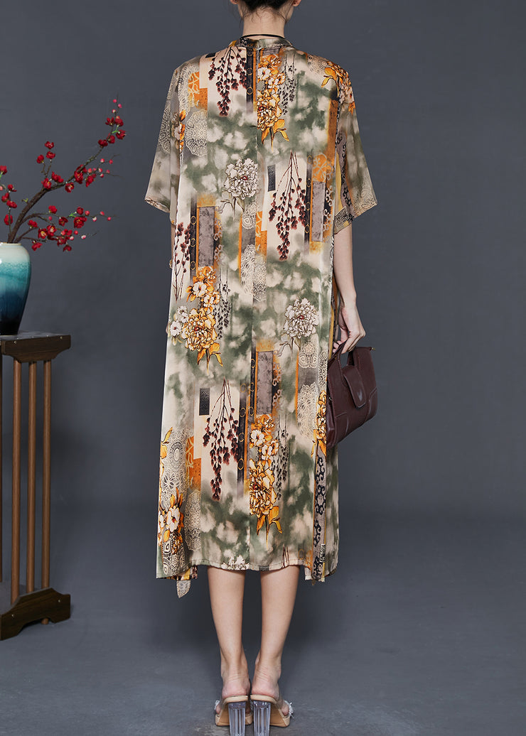 Elegant Khaki Stand Collar Print Chiffon Fake Two Piece Dress Summer