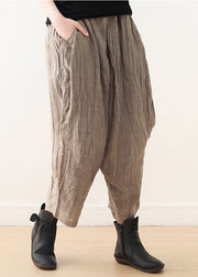 Elegant Khaki Tie Dye Wrinkled Linen Harem Pants Fall