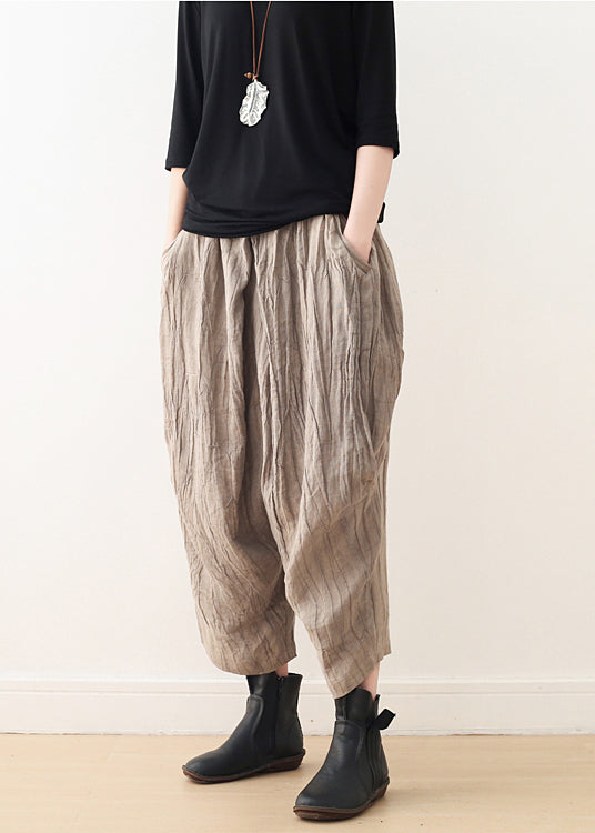 Elegant Khaki Tie Dye Wrinkled Linen Harem Pants Fall