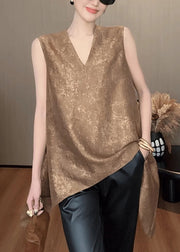 Elegant Khaki V Neck Asymmetrical Solid Silk Tank Sleeveless