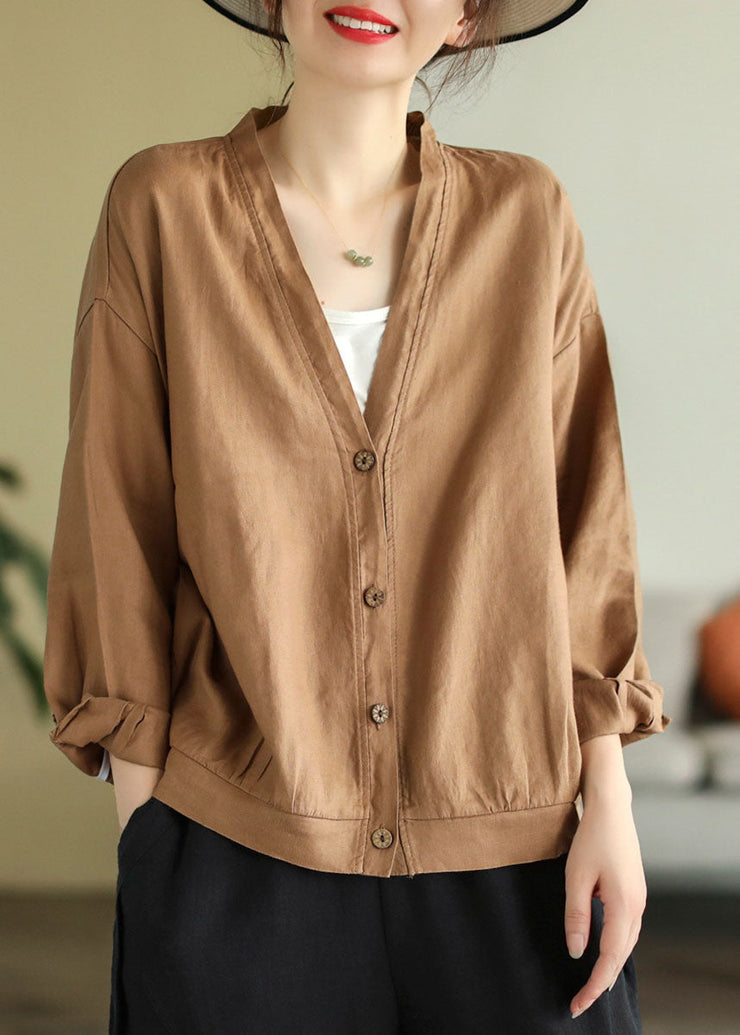 Elegant Khaki V Neck Button Linen Top Long Sleeve