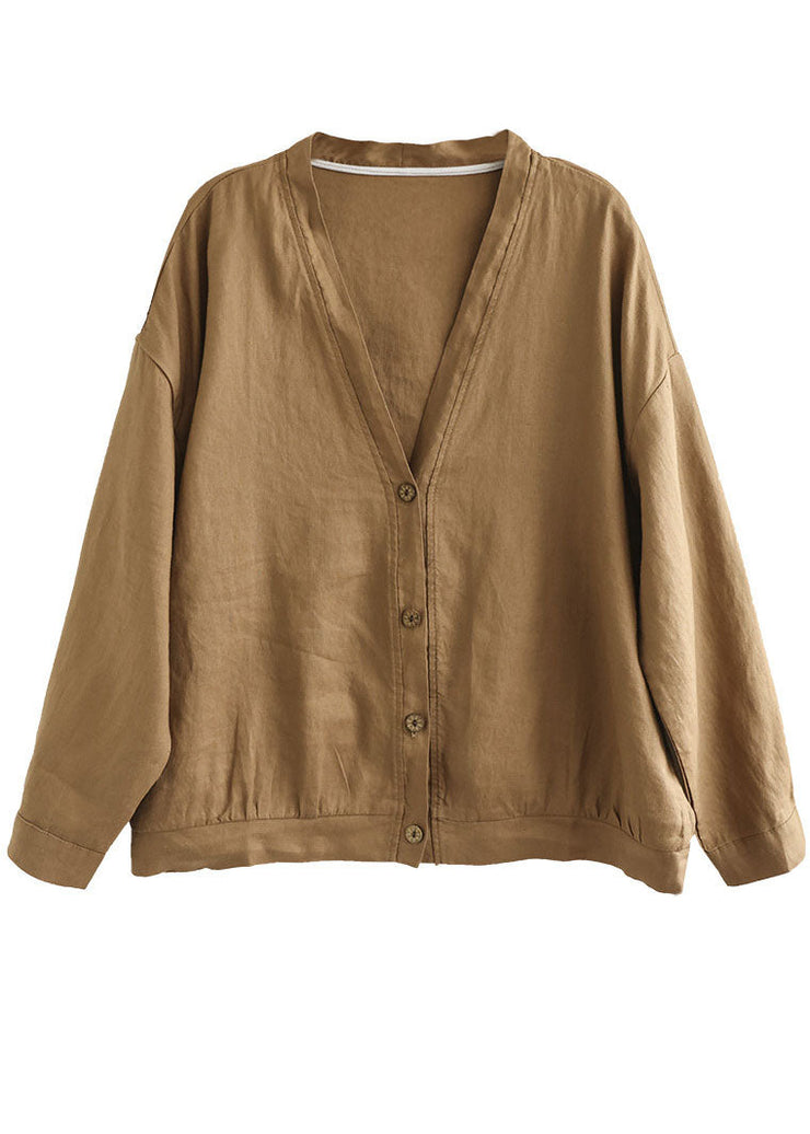 Elegant Khaki V Neck Button Linen Top Long Sleeve