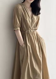 Elegant Khaki V Neck Pockets Wrinkled Cotton Dress Summer