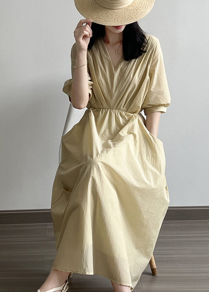 Elegant Khaki V Neck Pockets Wrinkled Cotton Dress Summer