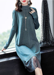 Elegant Lake Blue Turtle Neck Patchwork Knit Long Sweater Winter