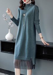 Elegant Lake Blue Turtle Neck Patchwork Knit Long Sweater Winter