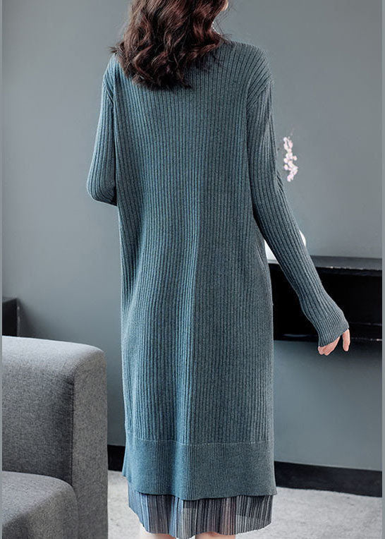 Elegant Lake Blue Turtle Neck Patchwork Knit Long Sweater Winter