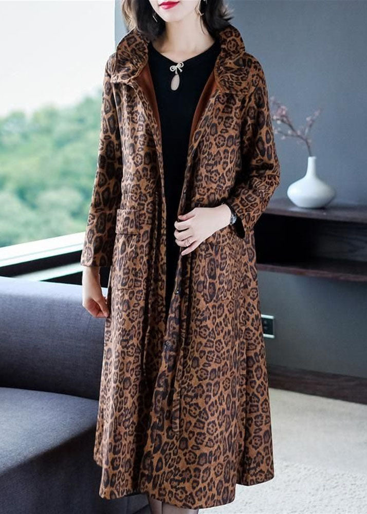 Elegant Leopard Pockets Patchwork Warm Fleece Trench Winter