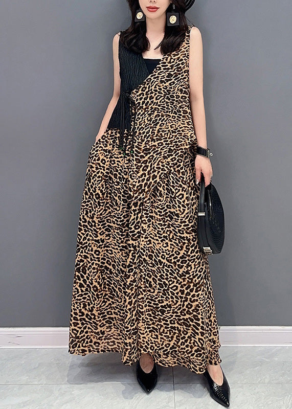 Elegant Leopard Tie Waist Top And Maxi Skirts Two Pieces Set Summer