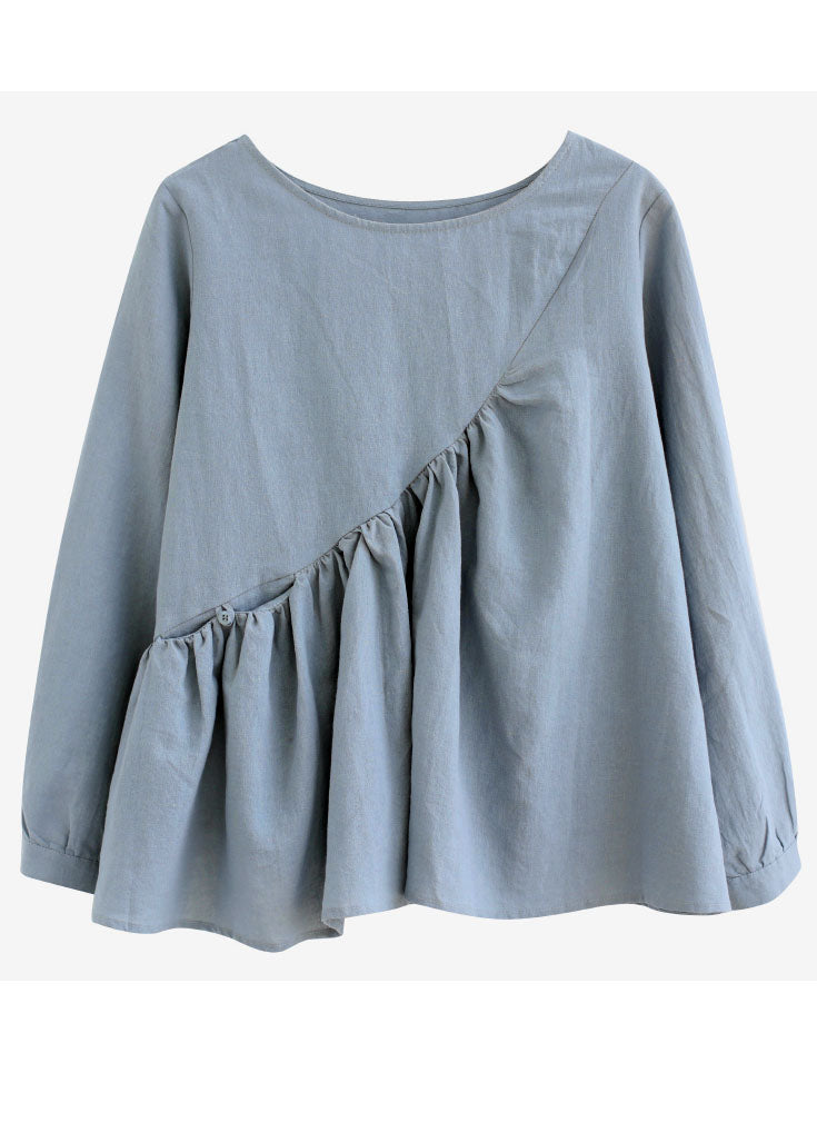 Elegant Light Blue O-Neck Patchwork Ruffles Cotton Shirts Spring