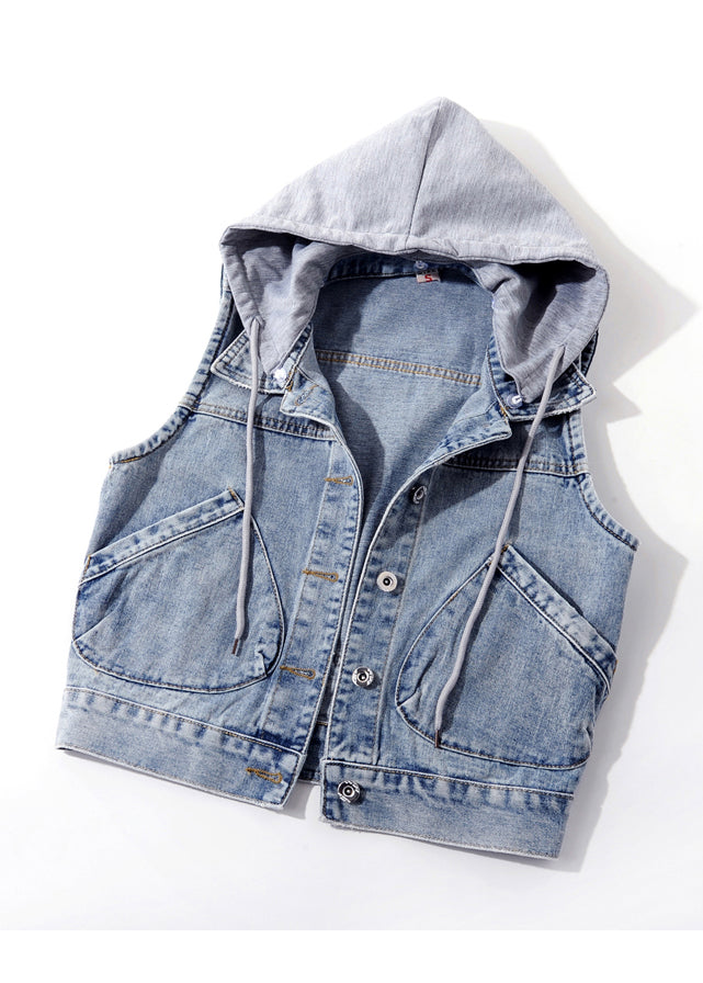 Elegant Light Blue Patchwork Pockets Hooded Denim Waistcoat Sleeveless