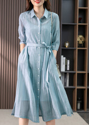 Elegant Light Blue Peter Pan Collar Tie Waist Solid Linen Maxi Dresses Summer