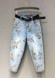 Elegant Light Blue Print Patchwork Crop Jeans Fall