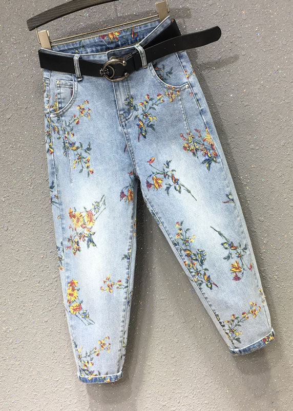 Elegant Light Blue Print Patchwork Crop Jeans Fall