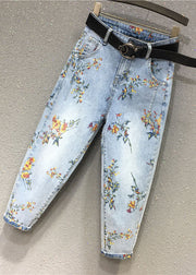 Elegant Light Blue Print Patchwork Crop Jeans Fall