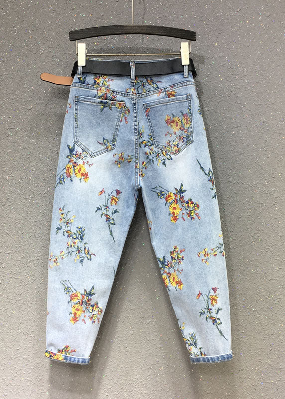 Elegant Light Blue Print Patchwork Crop Jeans Fall