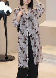 Elegant Light Brown V Neck Print Long Cardigan Summer