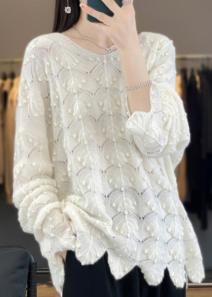 Elegant Light Camel V Neck Hollow Out Woolen Knit Sweaters Fall