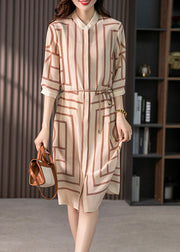 Elegant Light Coffee O-Neck Striped Side Open Silk Maxi Dress Half Sleeve