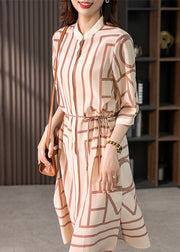 Elegant Light Coffee O-Neck Striped Side Open Silk Maxi Dress Half Sleeve