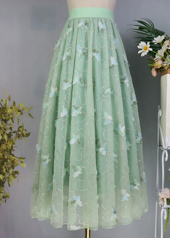 Elegant Light Green Butterfly Embroideried High Waist Tulle Maxi Skirts Spring