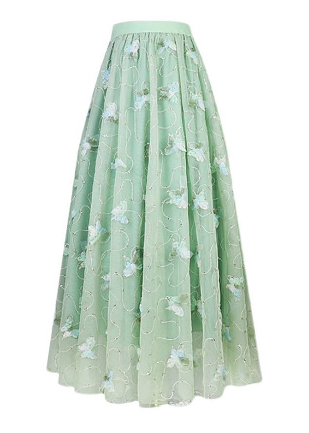 Elegant Light Green Butterfly Embroideried High Waist Tulle Maxi Skirts Spring