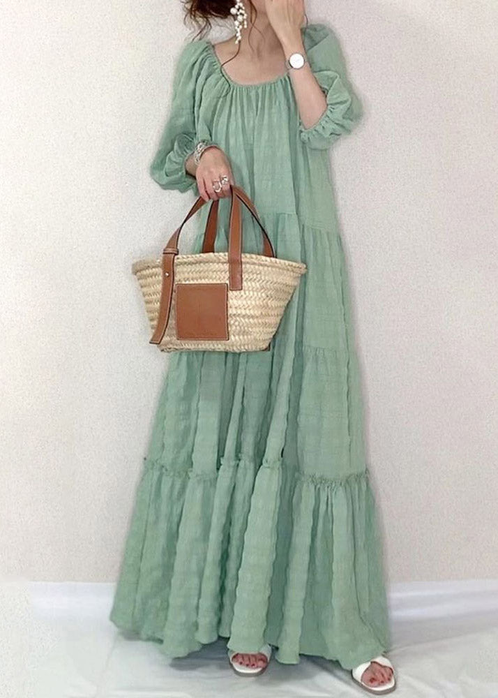 Elegant Light Green O-Neck Patchwork Wrinkled Maxi Dresses Puff Sleeve