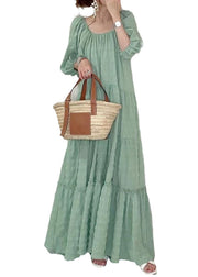 Elegant Light Green O-Neck Patchwork Wrinkled Maxi Dresses Puff Sleeve