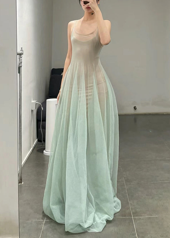 Elegant Light Green O-Neck Tulle Spaghetti Strap Dress Sleeveless