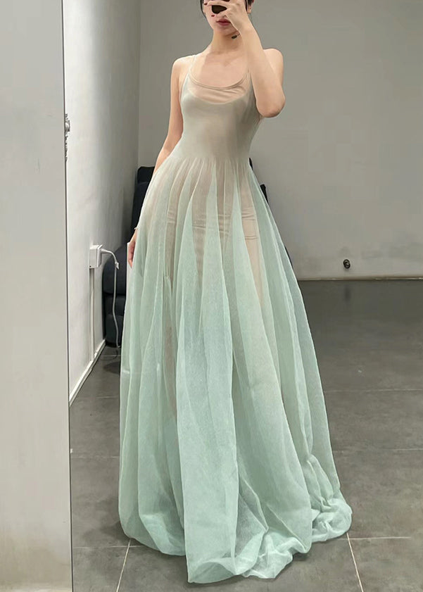 Elegant Light Green O-Neck Tulle Spaghetti Strap Dress Sleeveless