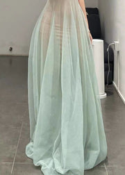 Elegant Light Green O-Neck Tulle Spaghetti Strap Dress Sleeveless