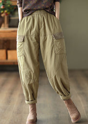 Elegant Light Green Pockets Patchwork Fleece Harem Pants