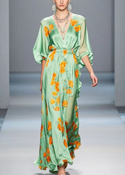 Elegant Light Green Ruffled Print Silk Long Dress Fall