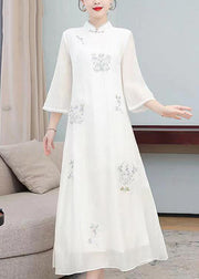 Elegant Light Green Stand Collar Embroidered Silk Long Dresses Half Sleeve