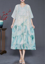 Elegant Light Green Tie Dye Wrinkled Chiffon A Line Dresses Summer