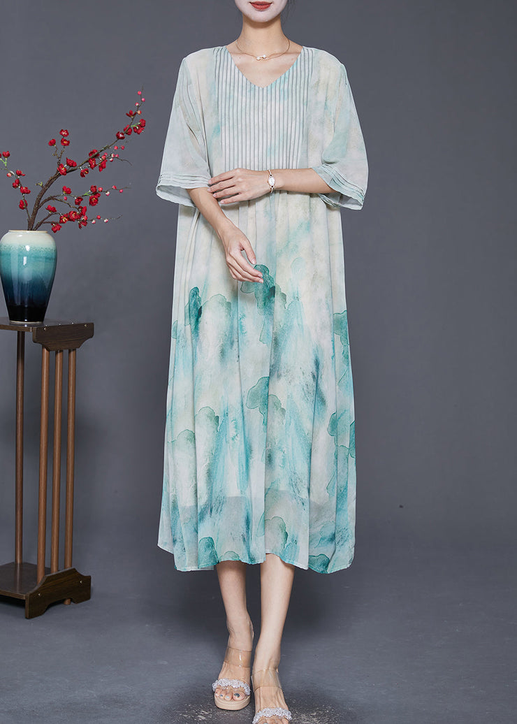 Elegant Light Green Tie Dye Wrinkled Chiffon A Line Dresses Summer