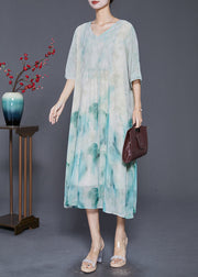 Elegant Light Green Tie Dye Wrinkled Chiffon A Line Dresses Summer