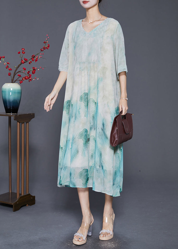 Elegant Light Green Tie Dye Wrinkled Chiffon A Line Dresses Summer