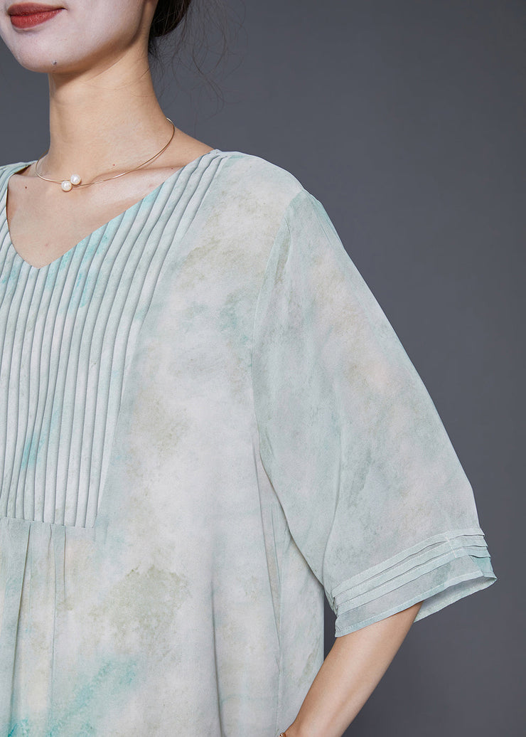 Elegant Light Green Tie Dye Wrinkled Chiffon A Line Dresses Summer