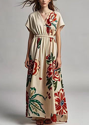 Elegant Light Khaki V Neck Print Cotton Long Dresses Summer