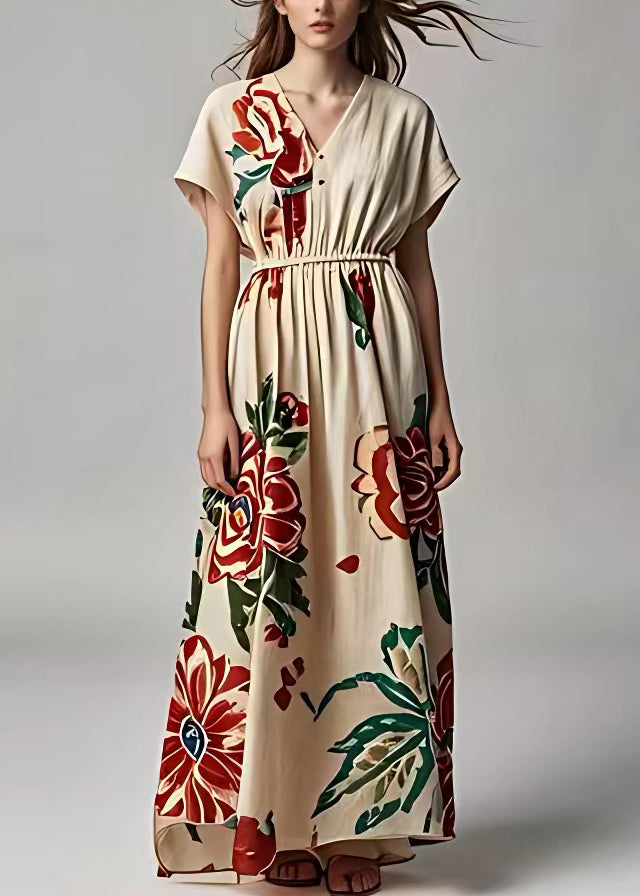 Elegant Light Khaki V Neck Print Cotton Long Dresses Summer