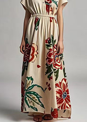 Elegant Light Khaki V Neck Print Cotton Long Dresses Summer