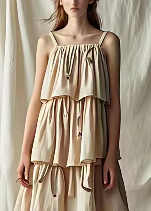 Elegant Light Khaki Wrinkled Solid Cotton Spaghetti Strap Dress Sleeveless