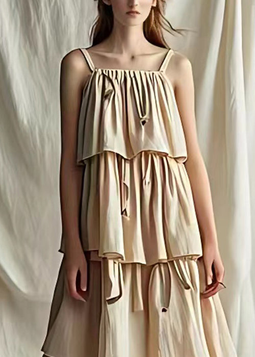 Elegant Light Khaki Wrinkled Solid Cotton Spaghetti Strap Dress Sleeveless