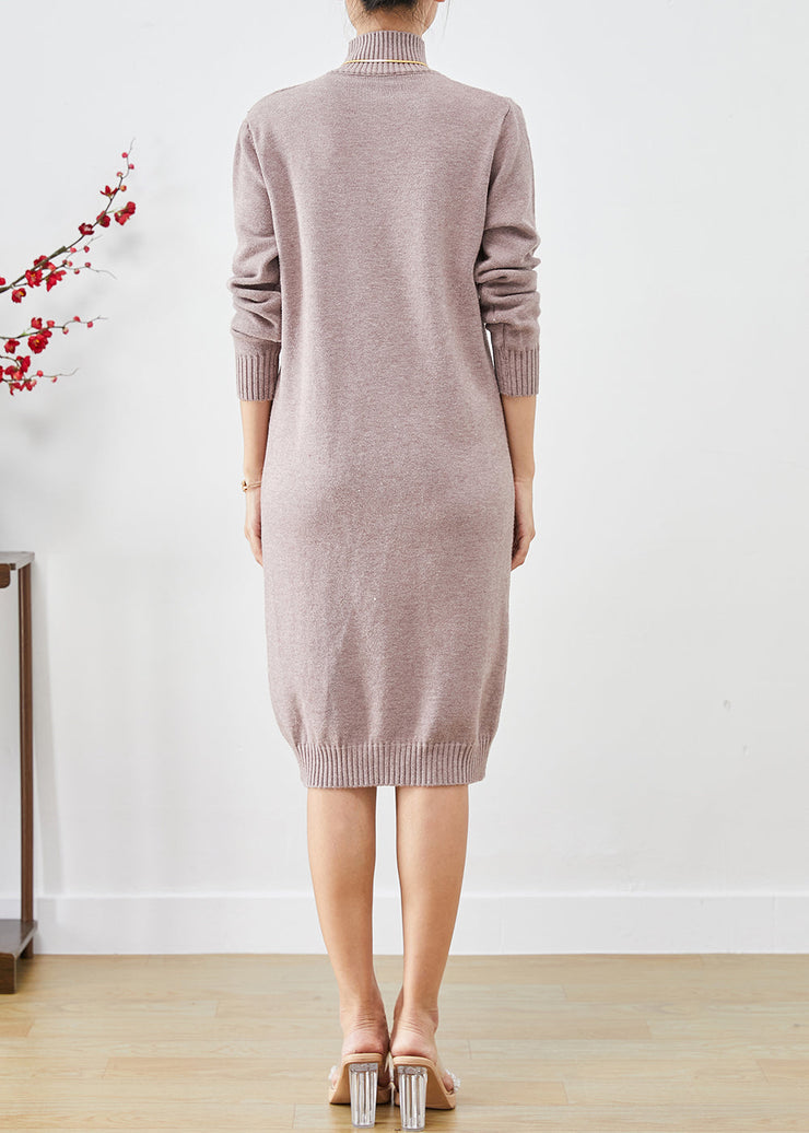 Elegant Light Purple High Neck Button Knit Sweater Dress Fall