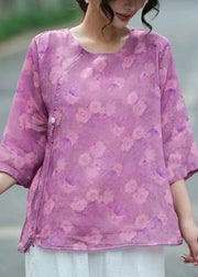 Elegant Light Purple O-Neck Print Linen Tops Bracelet Sleeve